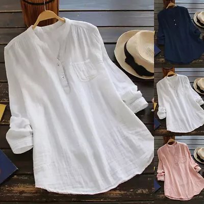 Women V Neck Long Sleeve T-Shirt Tunic Tops Ladies Casual Cotton Linen Blouse US • $21.79