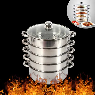 5 Tier Stainless Steel Steamer Cooker Steam Pot Kitchen Food Cooking + Glass Lid • $42.75