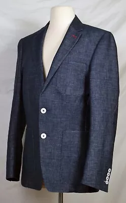 Navy Blue Cotton/Linen Denim Sport Coat With Elbow Patches (Size 34S) By Hechter • $49