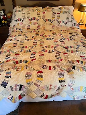 Vintage Hand Pieced & Quilted Feed Sack? Double Wedding Ring Quilt 82  X 70   #1 • $69.99