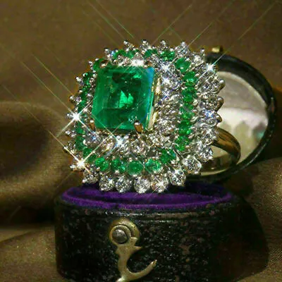 5Ct Simulated Green Emerald Diamond Engagement Cluster Ring 925 Sterling Silver • $97.65