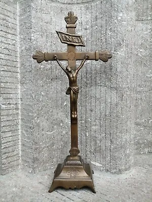 $90 • Buy Antique Metal Chapel Altar Standing Ornamental Cross Crucifix Jesus Corpus Inri