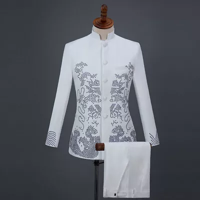 Mens Slim Fit Blazers Chinese Style Tang Suit Stand Collar 2pcs Suits Pants Coat • $95.75