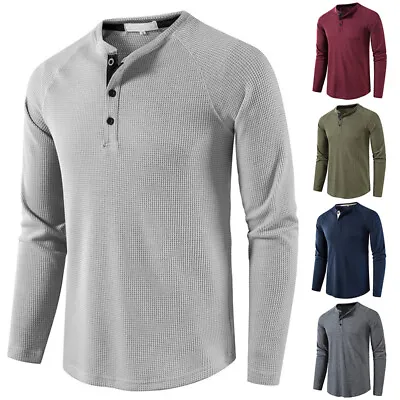 Mens T-Shirt Long Sleeve Top Thermal Henley Jumper Cotton Rich Waffle Knit • $21.21