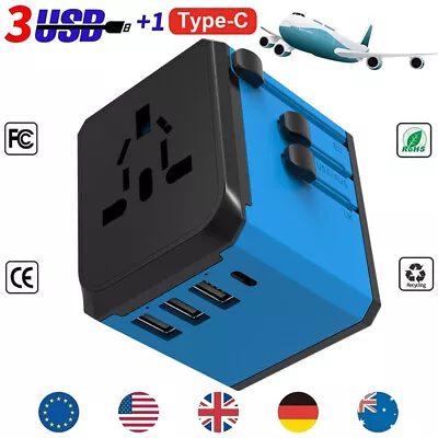 Universal Travel Adapter 3USB Type-C Outlet Converter Plug Power UK EU AU US DE • £9.25