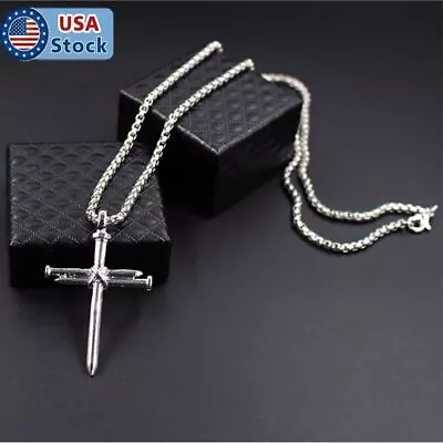 $6.57 • Buy Men Silver Nail Cross Pendant Necklace Chain Gift Stainless Steel Christ Jewelry