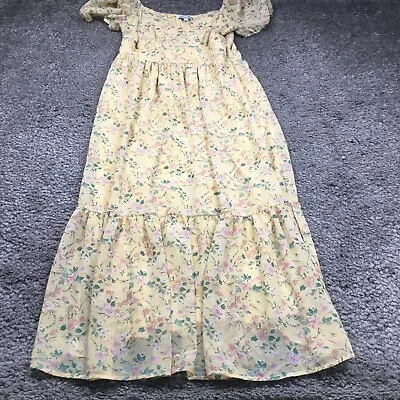 Mimi Chica Womens Summer Dress Size M Yellow Floral Pleated Puff Sleeve Lined • $18.74