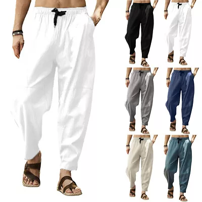 Mens Casual Tapered Cotton Linen Solid Pants Solid Sporty Baggy Trousers Bottoms • $19.13