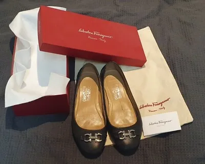 Salvatore Ferraramo Ballet Flats 8.5/39 Black Leather With Signature Buckle • $180