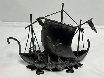 Vintage Black Silver Color Tin Metal Viking Ship 10  Tall • $19.95