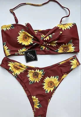 Zaful Burgundy & Yellow Floral Bandeau Top & Bottoms Swimwear Bikini Set BNWT 12 • £14