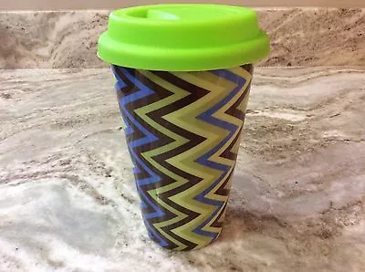 ECO ONE Ceramic Double Wall Insulated Travel Coffee Mug. Green Blue Zigzag. New. • $15.99