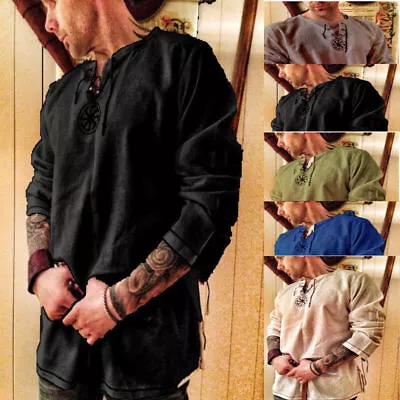 Mens Medieval Vintage Tunic Tops Shirt Viking Lace Up Jumper Costume Blouse Size • $11.99