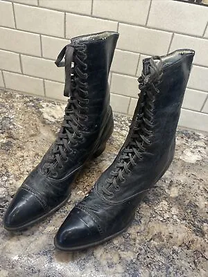 Antique Victorian /Edwardian Women's Black Leather Boots Lace Up Pointed Toe 10  • $49.95