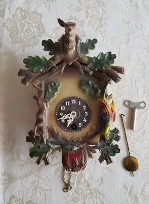 VINTAGE MINI GERMAN Hunter Cuckoo Clock *1960s* Key & Pendulum 6  -1 Day -WORKS! • $60