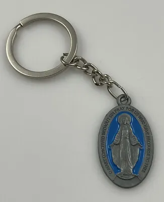 Catholic Miraculous Mary Marian Cross Blue And Pewter Tone Keychain Key Ring • $9.99