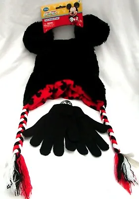 Disney Mickey Mouse With Ears And Braids Beanie Laplander+Black Knitted Gloves • $49.99