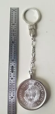 Silver .925 Bezel Key Chain & Mexican 1947 5 Pesos 30 Gs.900 Cuauhtemoc Coin • $119.95