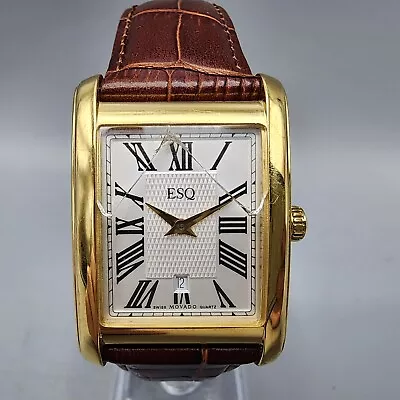 ESQ Tank Watch Men 28mm White Dial Gold Tone Date Rectangle New Battery • $49.99