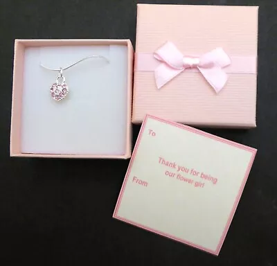 Flower Girl Or Bridesmaid Pink Crystal Heart Necklaces Gift Favour Inc Box & Tag • £6.49