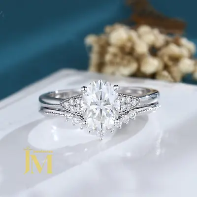 Moissanite Bridal Set Engagement Ring Solid 14K White Gold Oval Cut 2.50 Carat • $237.51