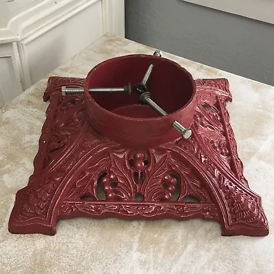 Vintage Christmas Tree Stand 1993 Cast Iron Holly Berries Design Red Painted • $199