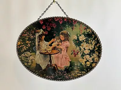 Vtg Sandra Kuck Art Work Tea With Kitty & 2 Little Girls Oval Flue Cover Hanging • $14.99