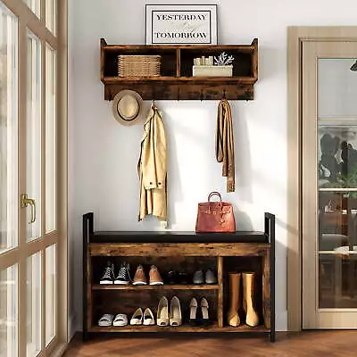 Industrial Entryway Hall Tree Garment Coat Rack With Shoe Bench Storage Shelves  • $76.13