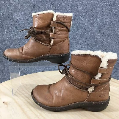 UGG Boots Womens 6 Caspia Shearling Style Brown Leather Sheepskin Ankle Top 1932 • $42.89