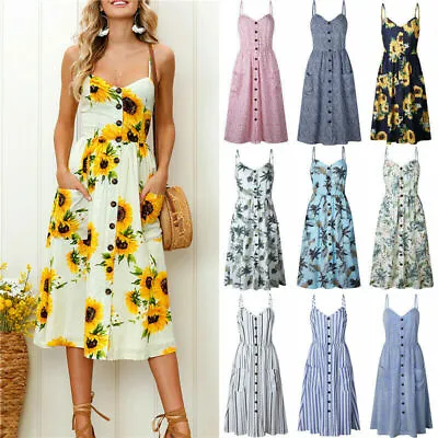 £13.95 • Buy Womens BOHO Summer Beach Midi Dress Ladies Holiday Strappy Button Cami Sundress