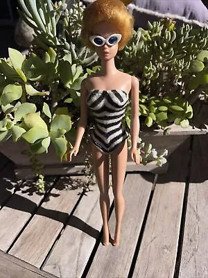 1960’s Blonde Bubble Cut Barbie Doll With  Black White Bathing Suit Sunglasses • $139.95