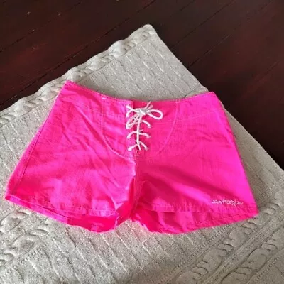 Vintage 90s Surf Style Beach Lace Up Nylon Shorts Neon Pink Medium • $38