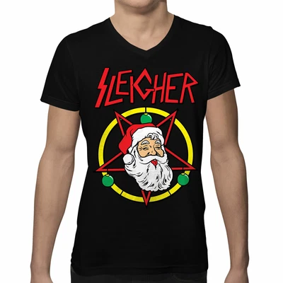 $10.95 • Buy Sleigher Santa Metal Rock Music Christmas Pentagram Gift Men's V-Neck T-Shirt