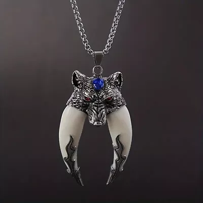 Hip Hop Wolf Pendant Necklace With Red Zircon Teeth Vintage Jewelry Gift For Him • $25.99