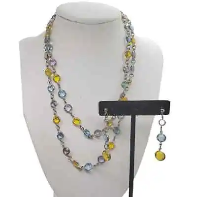 Vintage Austrian Crystal Bezel Set Necklace Earrings Multi-Color Sterling Silver • $60