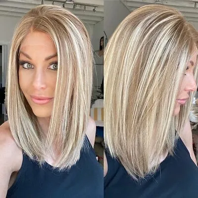 Long Straight Bob Wigs Blonde Mix Brown Highlight Lace Front Wigs 13x1 T Part  • $36.09