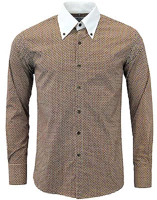 SALE! MENS MOD FLORAL SHIRT RETRO COLLAR English 70s SECONDS Brown 1092 - C7 Top • £11