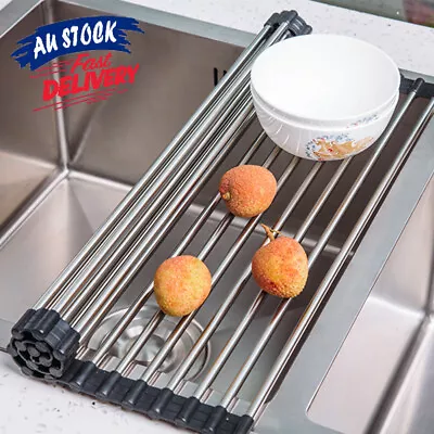 Stainless Steel Roll Up Drainer Over Sink Rack Kitchen Drying Folding Dish Tray • $19.05