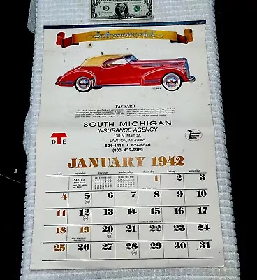 EXLNT Large 15” X 22” Vintage •1942•  PACKARD*Calendar SOUTH MICHIGAN INSURANCE • $48.88