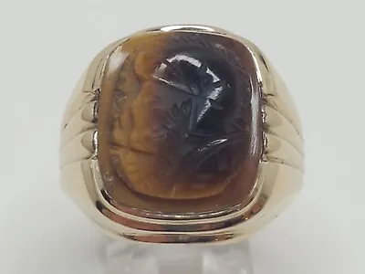 Mens 10k Solid Yellow Gold Carved Tiger Eye Cameo Knight Warrior Ring Size 10.5 • $299.99