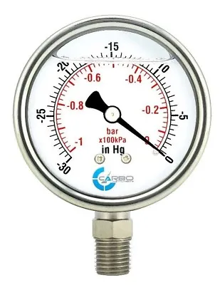 $11.95 • Buy 2-1/2  Vacuum Pressure Gauge, S.S Case, Liquid Filled, Brass Lower Mnt -30 Hg/0 