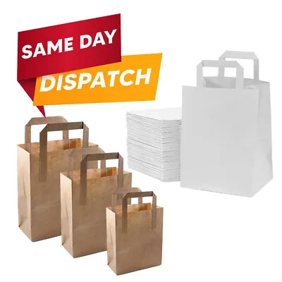 Paper Bags With Handles White & Brown For Takeaway Food & Vegetables 80 GSM • £10.99