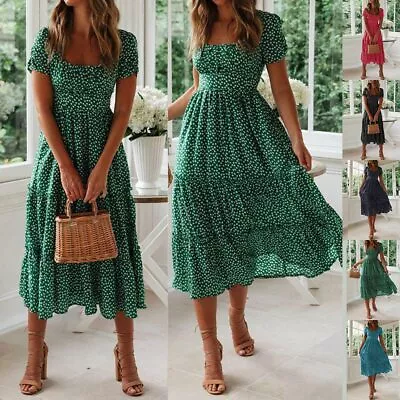 £12.99 • Buy Women Polka Dot Midi Dress Ladies Summer Short Sleeve Holiday Beach Sundress