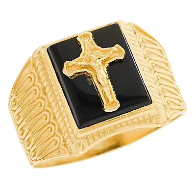 10k Or 14k Solid Gold Mens Onyx Crucifix Cross Jesus Ring • $494.99