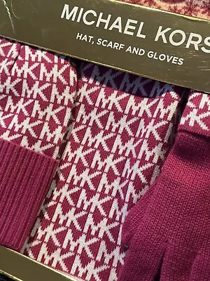 Michael Kors NEW MK Gloves Scarf & Hat Set -NEW-HOT PINK & White NEW Pretty! • $29.99