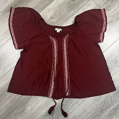 Women’s XXL Mossimo Flutter Sleeve Peasant Maroon & Pink Lace Tie Neck Blouse • $12