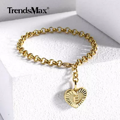 5mm Gold Plated Stainless Steel Heart Initial Letter A Z Bracelet Rolo Chain 8  • $8.54