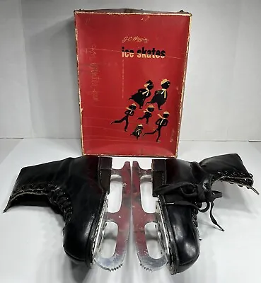 VINTAGE J.C HIGGINS LEATHER FIGURE ICE SKATES MENS 11 Black Original Box ENGLAND • $34.99