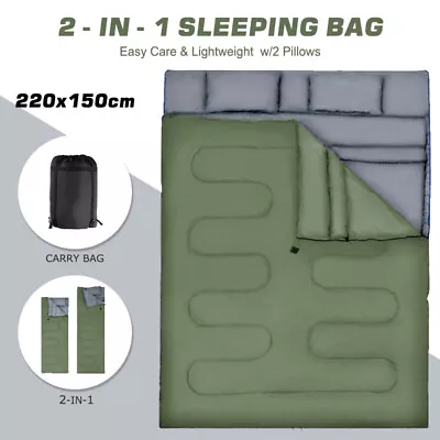 Double Sleeping Bag 4 Seasons Lightweight Camping Bag W/2 Pillows & Carrying Bag • £31.99