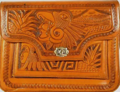 BEAUTIFUL Vtg Handmade Aztec Mayan Calendar Tooled Leather Mexican Purse Bag • $34.95